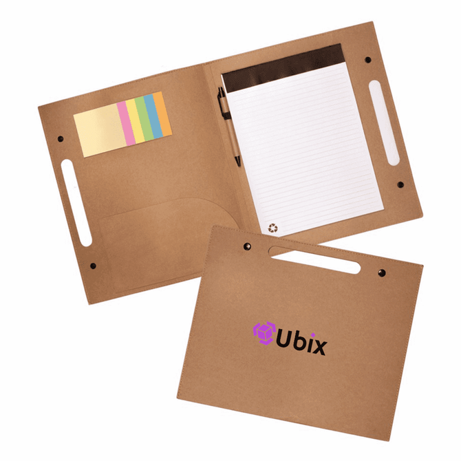 A brown Enviro Folder with a notepad, sticky notes, and a pen, featuring a logo.