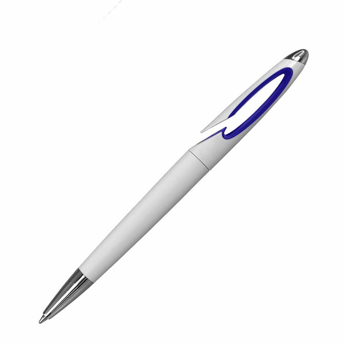 A white plastic pen with a blue accent and a chrome clip, featuring a logo on the body.