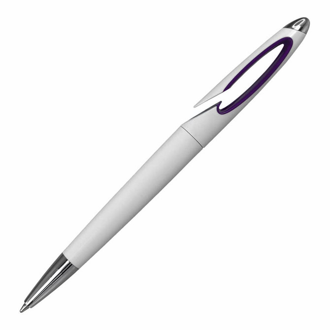 A plastic pen in white with a purple accent and chrome tip, featuring a logo.