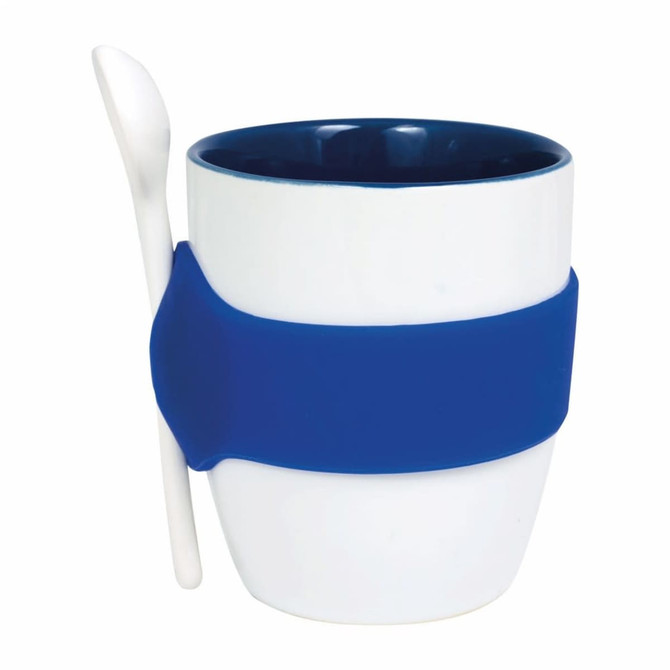 A cup with a blue silicone sleeve and a spoon, featuring a two-tone design in white and navy.