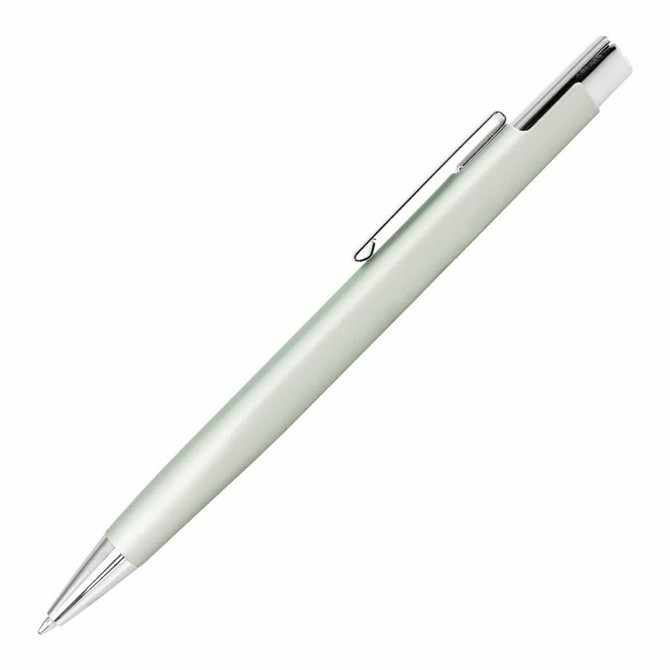 A metal pen in a soft green colour with a silver clip and tip, featuring a logo.