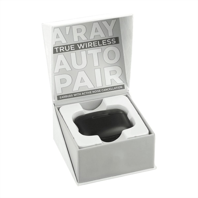 A grey box containing A-Ray True Wireless Auto Pair Earbuds with a cutout for the earbuds and a logo.
