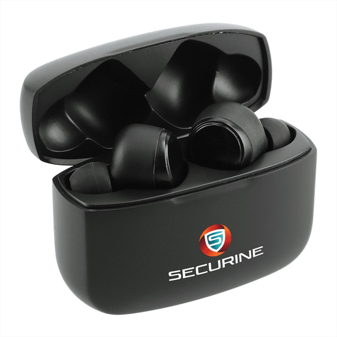True wireless earbuds in a black charging case, featuring a logo and silicone ear tips for comfort.