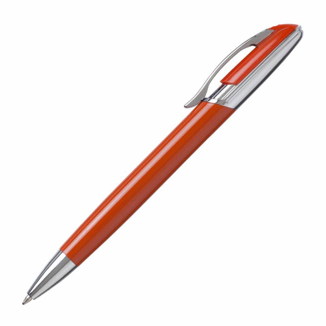 A metal pen in vibrant orange with a chrome clip and accents, featuring a logo on the barrel.