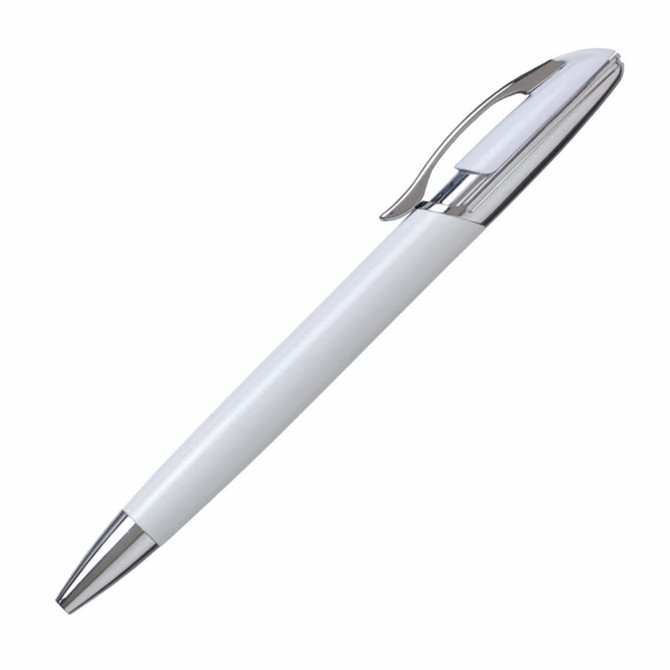 A metal pen in white with chrome accents, featuring a clip and a smooth design. The pen has a logo on its body.
