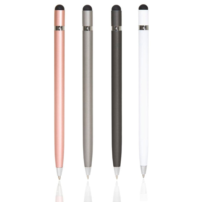 A set of four metal pens in rose gold, grey, black, and white, featuring a logo on each pen.