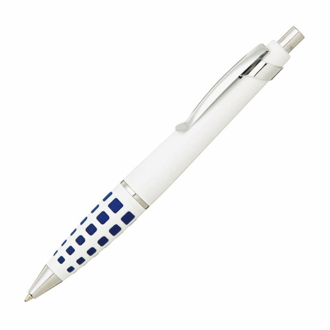 A white pen with a blue patterned grip and a shiny silver clip, featuring a branding logo.