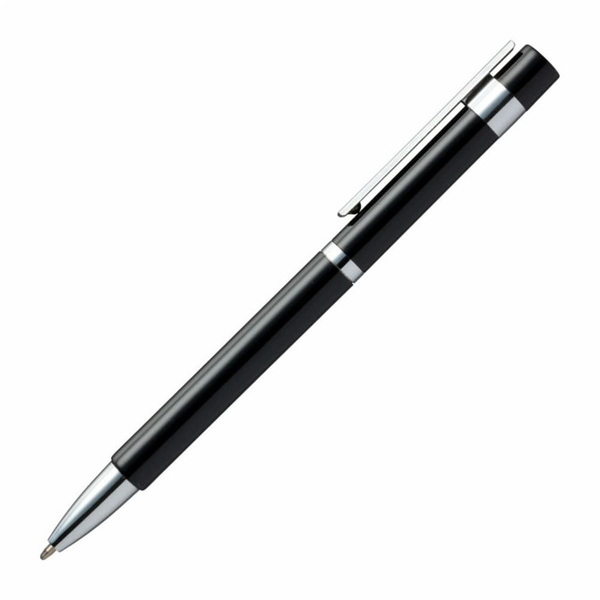 A black pen with silver accents and a clip, featuring a sleek design and shiny finish.