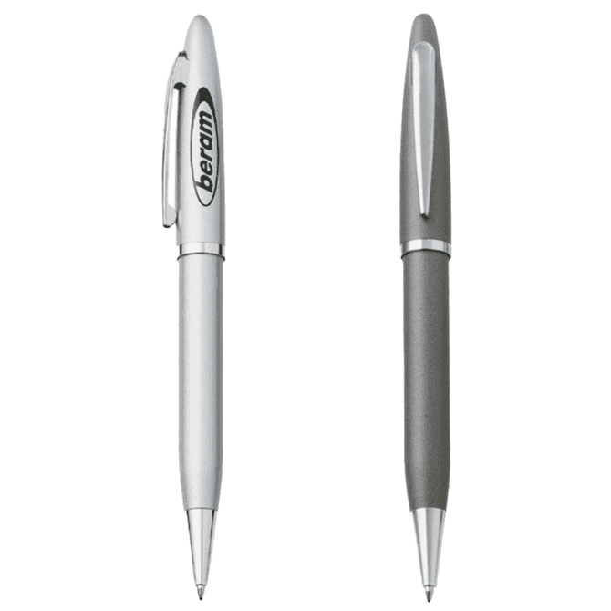 A metal pen set featuring a silver pen and a grey pen, both with branding on the body.