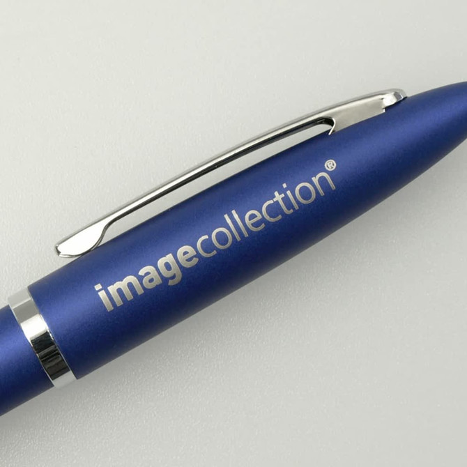 A metal pen in a sleek blue finish with a silver clip and branding.