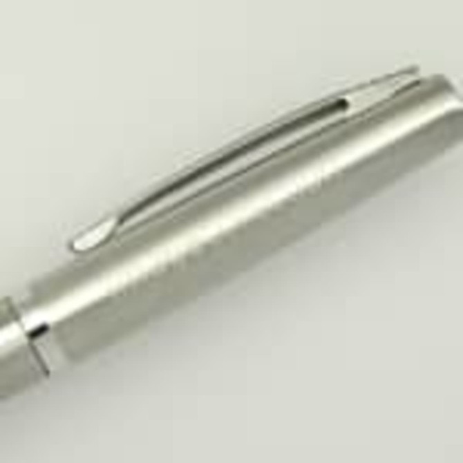 A sleek silver metal pen with a clip and a smooth body, featuring a logo on the side.
