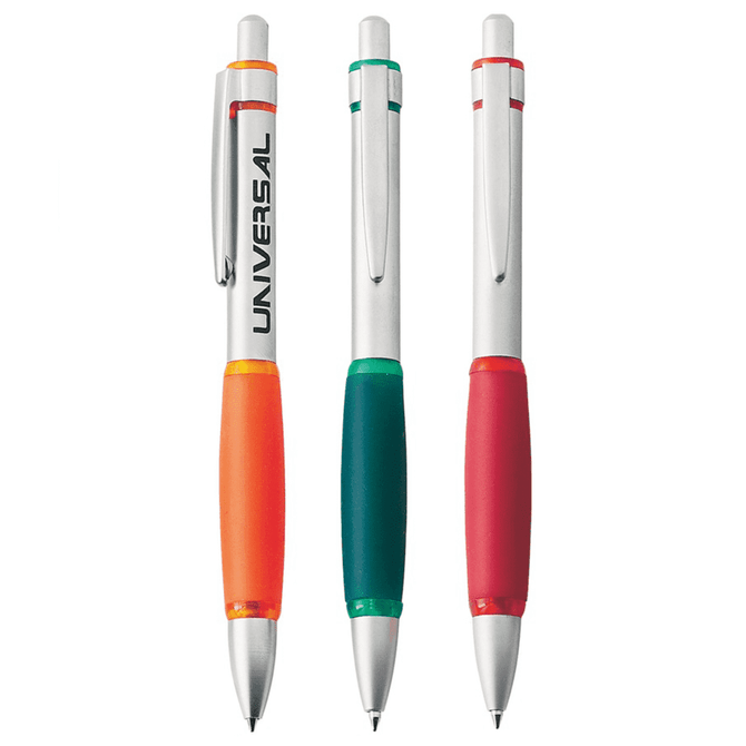Three metal pens in orange, green, and red with silver accents and a logo on one of the pens.