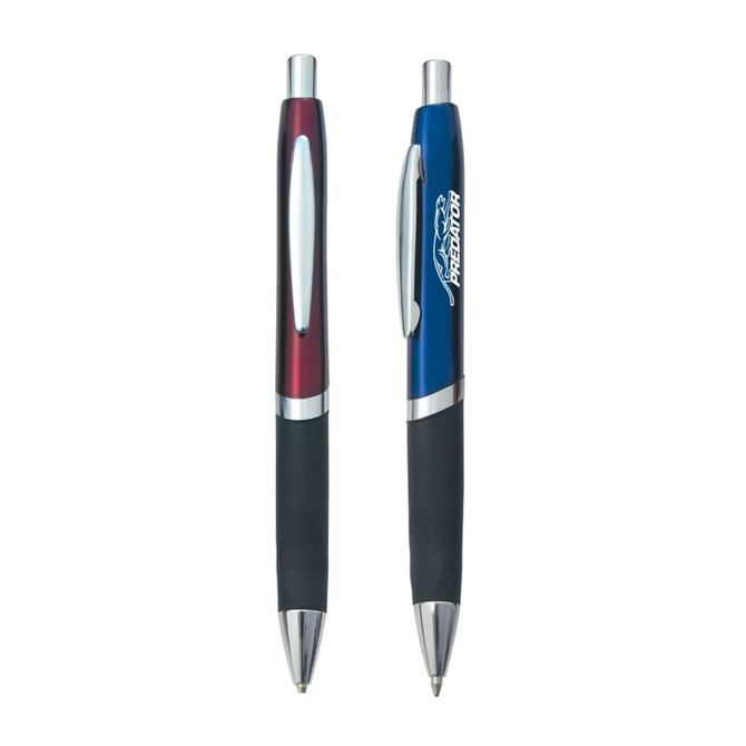 A set of two plastic pens, one red and one blue, both with rubber grips and silver accents. Each pen has a logo.