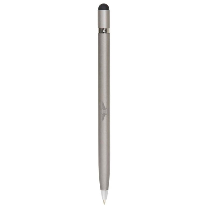 A sleek silver metal pen with a stylus tip, featuring a logo and a smooth finish.