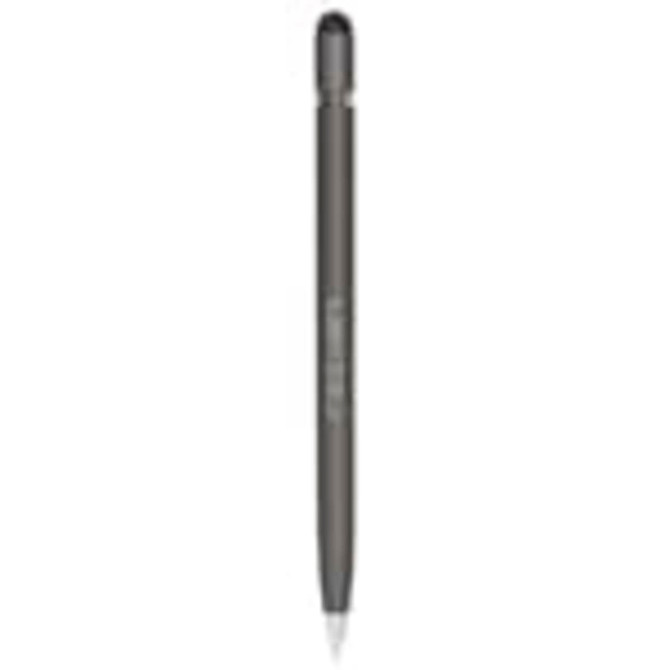 A metal pen in a sleek dark grey colour, featuring a smooth design and a branding logo on the side.