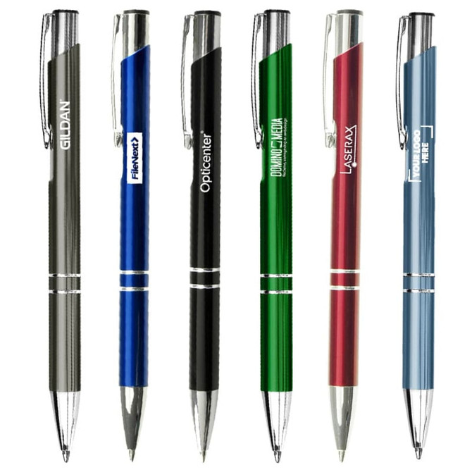 A selection of metal pens in silver, blue, black, green, red, and a pen with a logo.