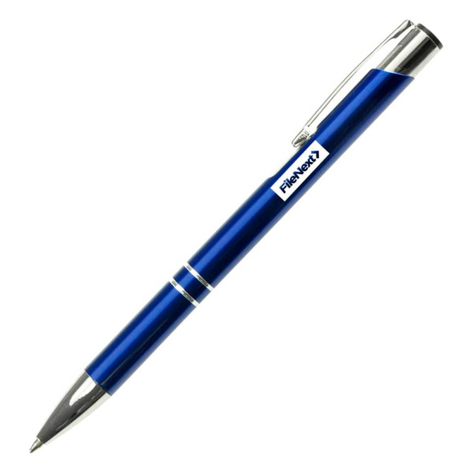 A blue metal pen with a shiny silver clip and detailing, featuring a logo on the barrel.