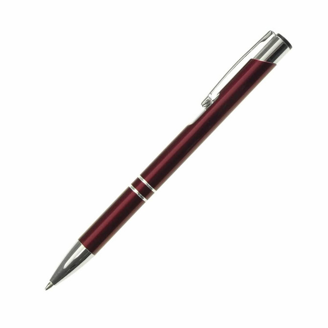 A metal pen in a burgundy colour with silver accents and a clip, featuring a logo on the barrel.