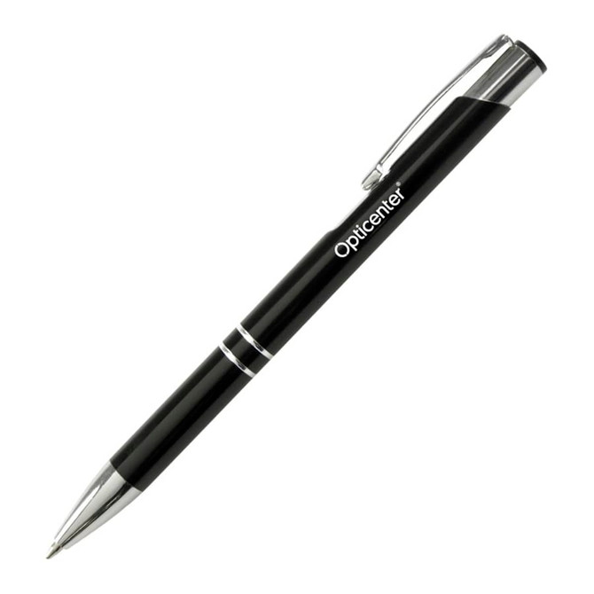 A metal pen in black with silver accents and a branding logo.