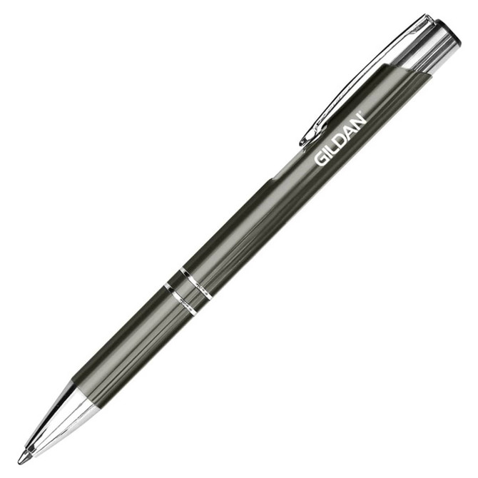 A metal pen in an olive green colour with silver accents and a branding logo.