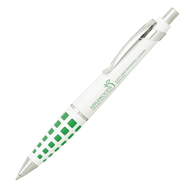 A metal pen featuring a green and white design, with a textured grip and a logo.