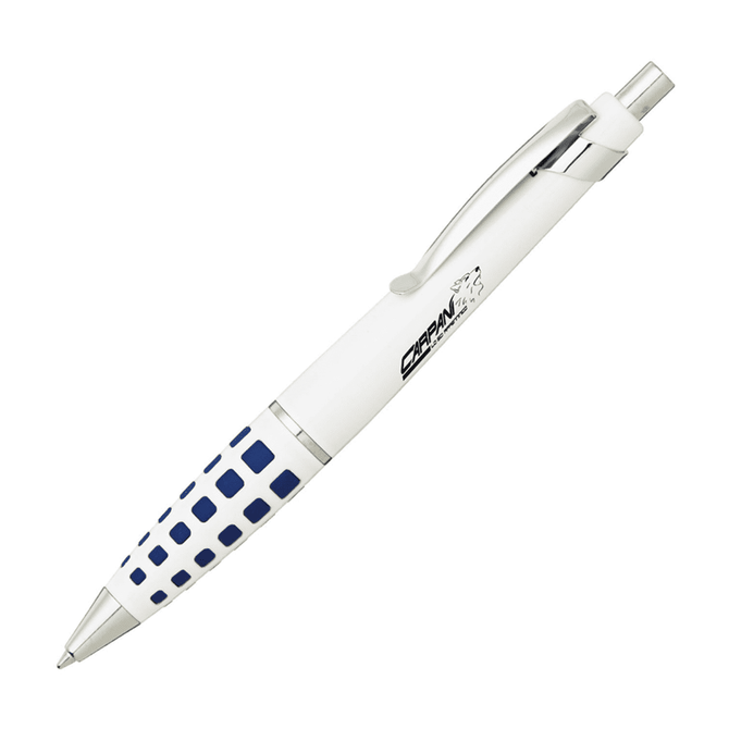 A metal pen featuring a white body and blue patterned grip, with a clip and branding logo.