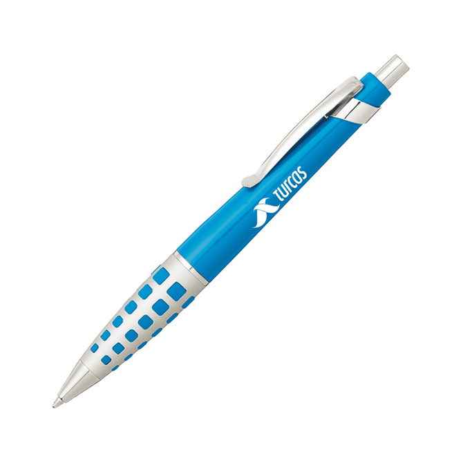 A blue metal pen featuring a patterned grip and a silver clip, with a logo on the barrel.
