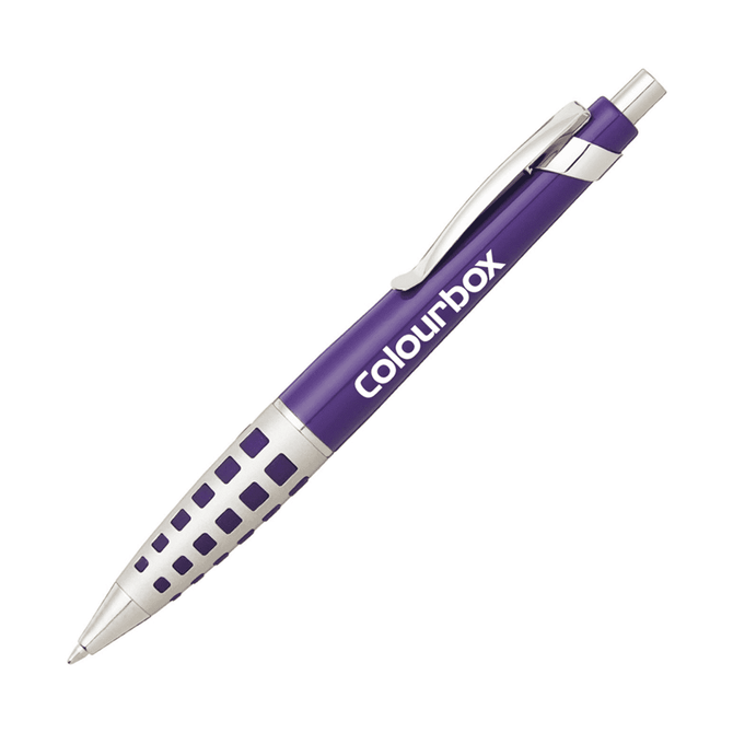 A purple metal pen with a silver grip and clip, featuring a logo.
