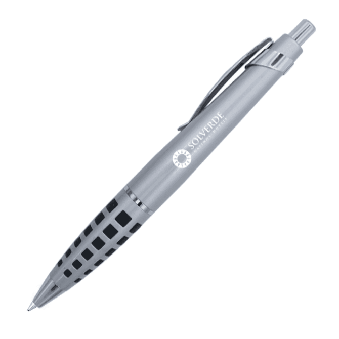 A metallic pen in silver and black with a sleek design and a logo on the barrel.