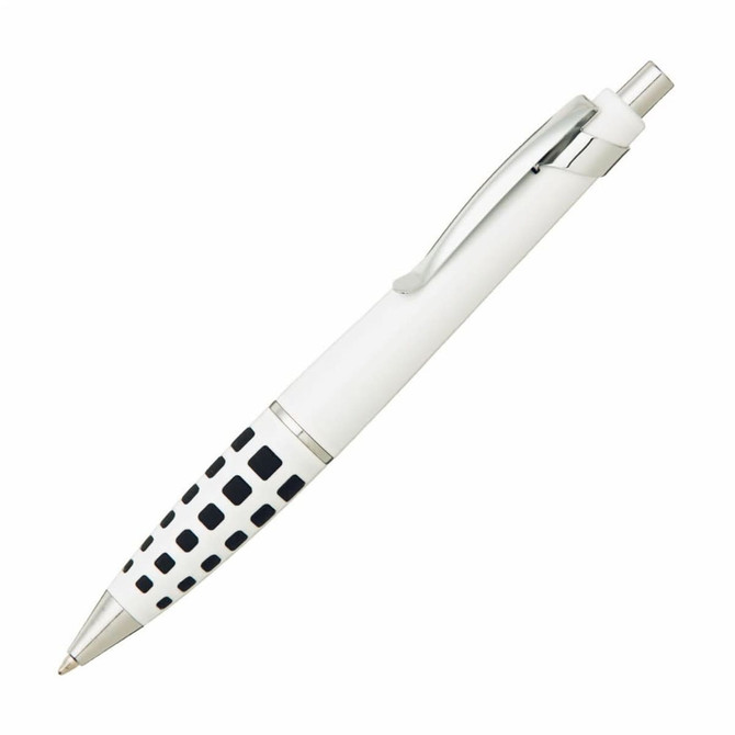 A metal pen in white and black, featuring a patterned design and a chrome clip. It has a logo on the body.