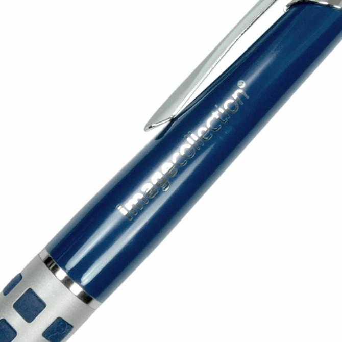 A metallic blue pen with a silver clip and a patterned grip. The pen features a branding logo.