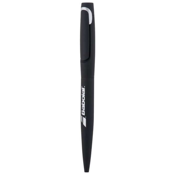 A black metal pen with a sleek design and a clip, featuring a logo on its side.