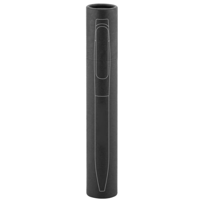 A black metal pen is displayed within a matching cylindrical case, featuring a simple design and a logo.