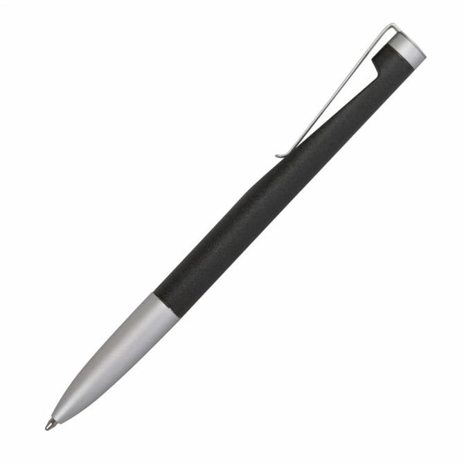 A metal pen with a silver tip and a black grip, featuring a clip and a streamlined design.