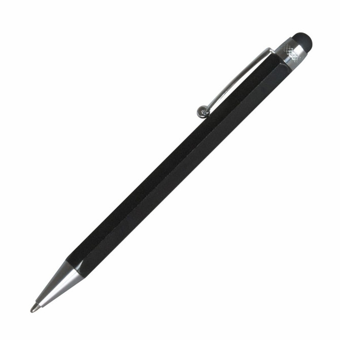 A sleek black stylus pen with a silver tip and clip, featuring a textured grip and a logo.