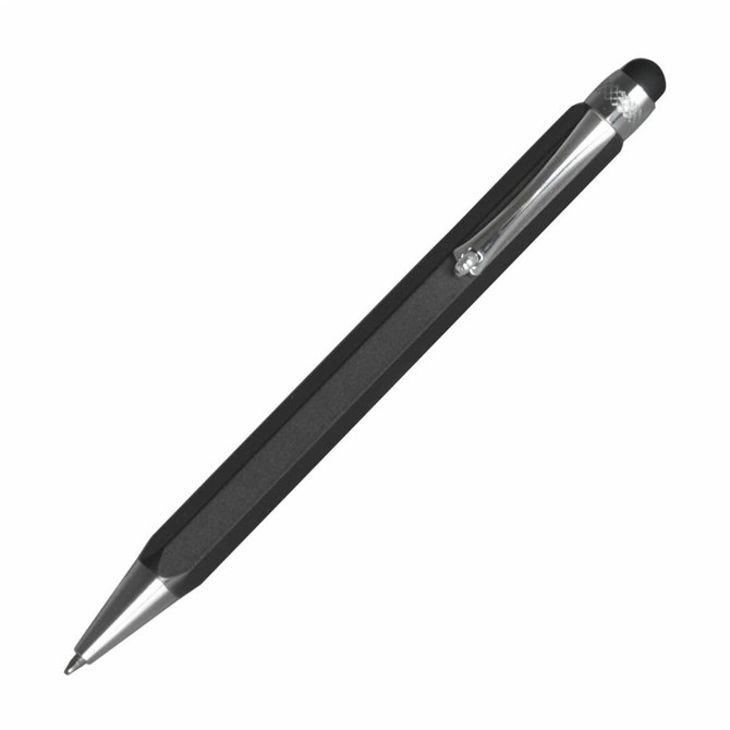 A stylus pen in black with a metallic tip and clip, featuring a logo.