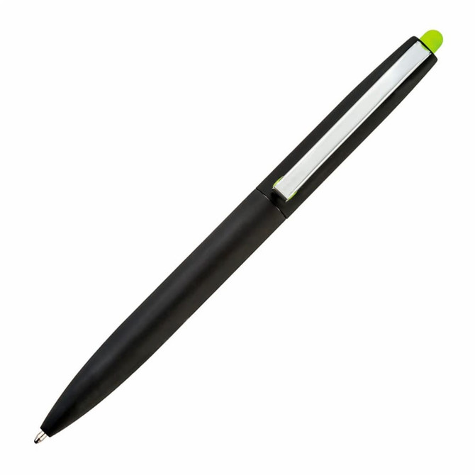 A black pen with a green accent and a sleek design, featuring a clip and a glossy finish.