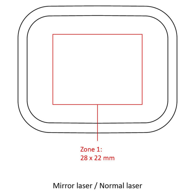 A rectangular template with rounded corners, featuring a highlighted zone for laser engraving dimensions in red.