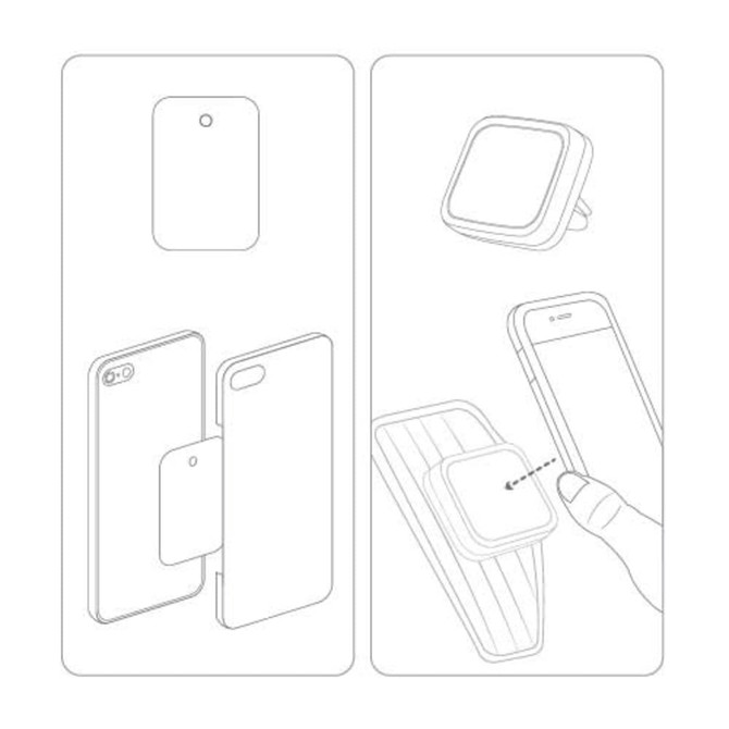 A rectangular magnet in white, designed for phone use, alongside a holder and illustrations of attachment methods.