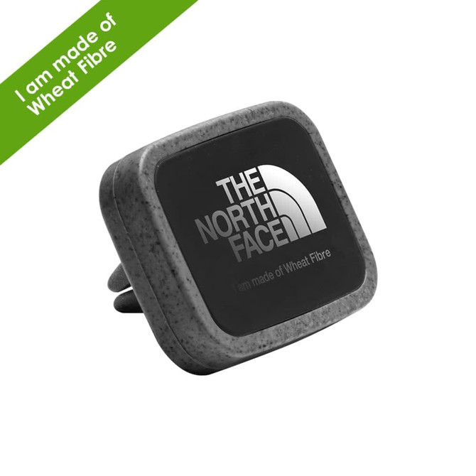 A rectangular car phone holder in grey with a black centre and a logo. Made from wheat fibre material.