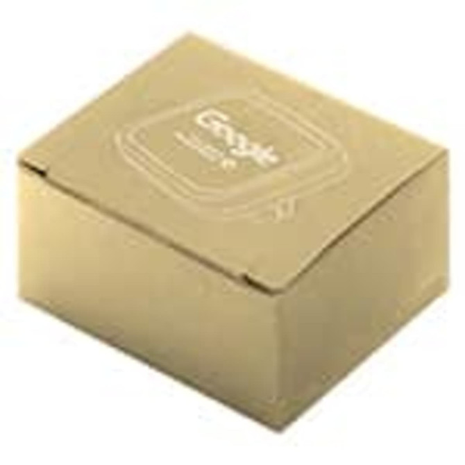 A rectangular cardboard box in a light brown colour, featuring a logo on the top.