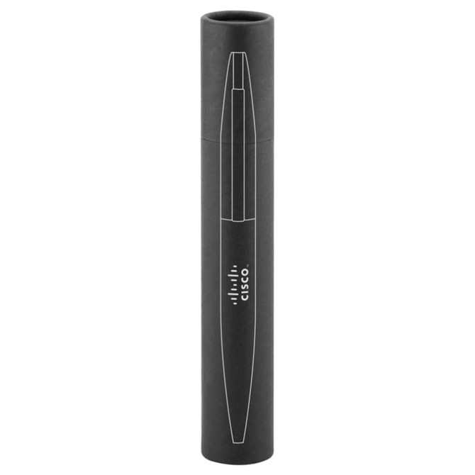 A sleek black metal pen presented in a matching cylindrical case, featuring a logo.