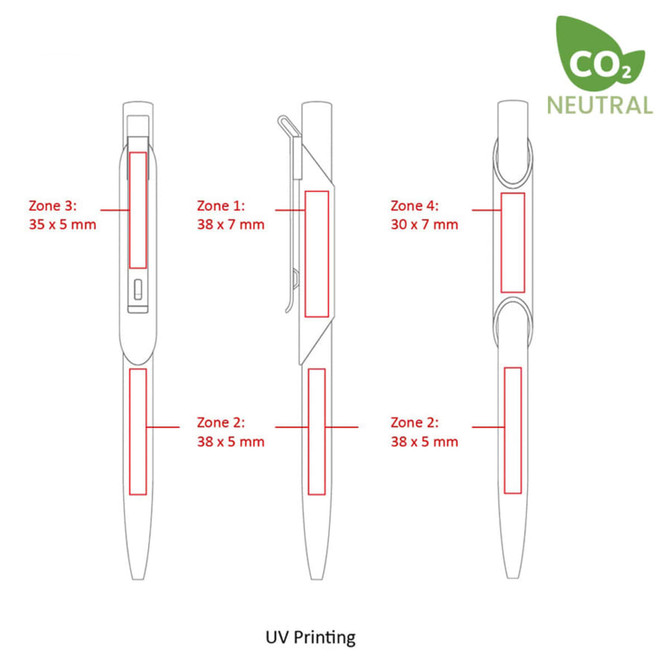 A diagram of the Skil Pen featuring multiple views and UV printing zones, with a logo and dimensions indicated.