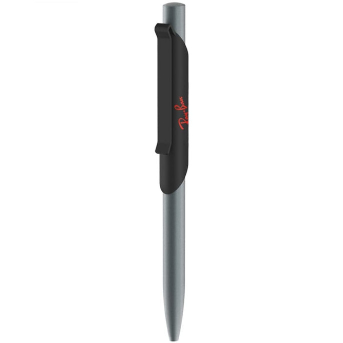 A metal pen in silver with a black grip and a branding logo on the side.
