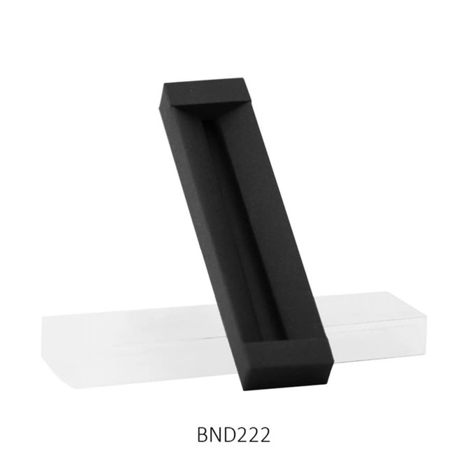 A black display stand set on a transparent base, showcasing a sleek and modern design.