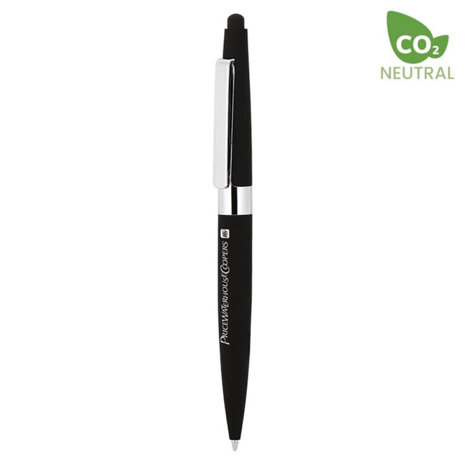 A black metal ball pen with a twist mechanism and a stylus tip, featuring a silver clip and branding.