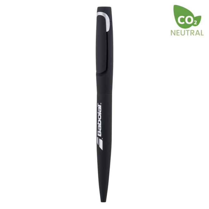A black metal pen with a clip and a branding logo. The pen is featured against a plain background.