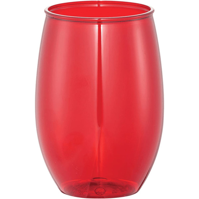 A stemless wine cup in a vibrant red colour with a sleek design and a logo.