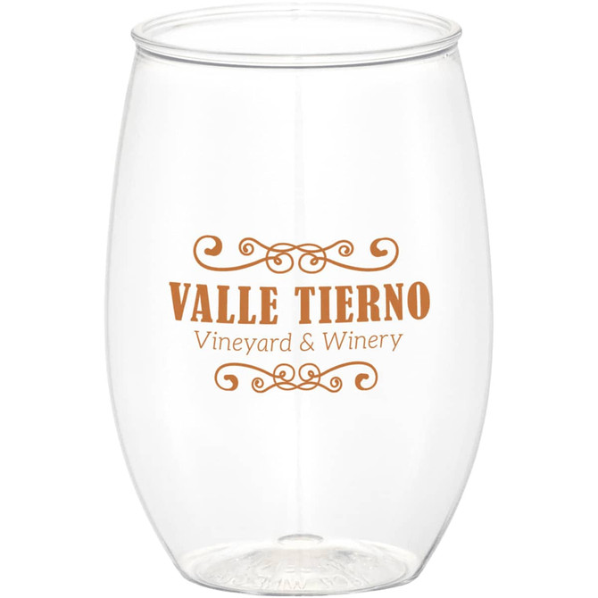 A clear stemless wine cup with an orange logo featuring decorative text. Suitable for enjoying beverages.