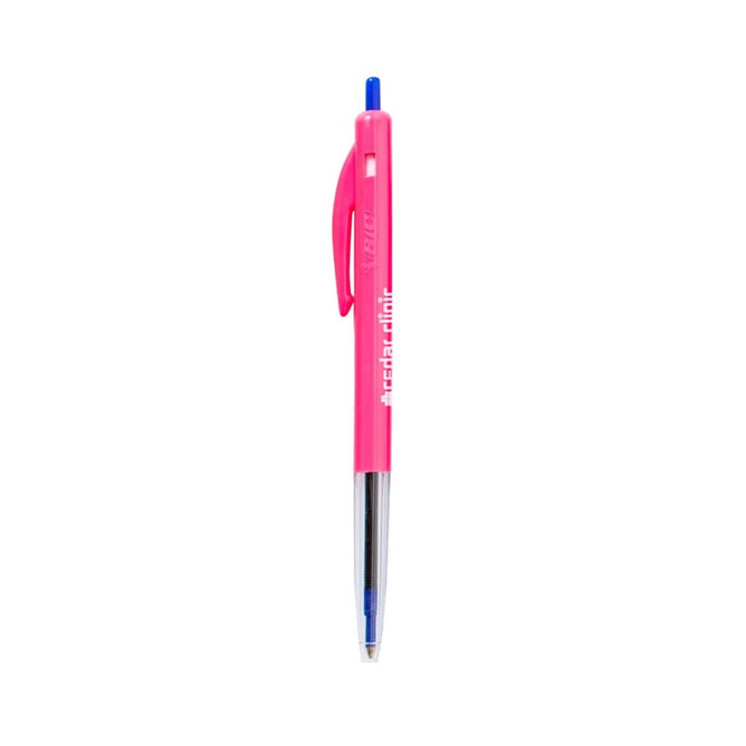 A pink plastic pen with a blue ink tip and a clip, featuring a branding logo.
